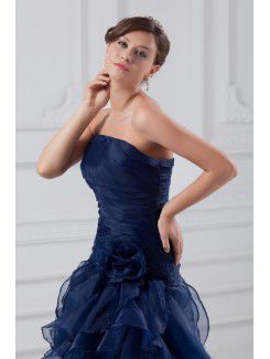 Organza Strapless Floor Length A-line Hand-made Flower Prom Dress