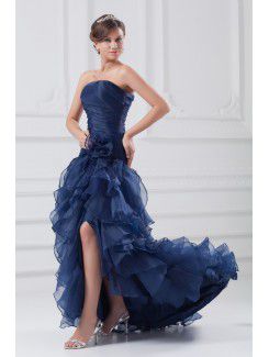 Organza Strapless Floor Length A-line Hand-made Flower Prom Dress