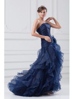 Organza Strapless Floor Length A-line Hand-made Flower Prom Dress