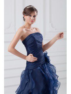 Organza Strapless Floor Length A-line Hand-made Flower Prom Dress