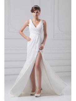 Lace V-Neck Floor Length Column Wedding Dress