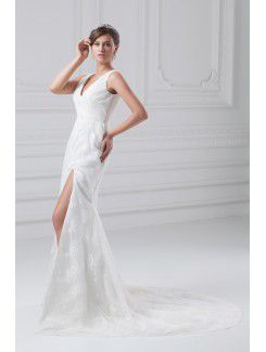 Lace V-Neck Floor Length Column Wedding Dress