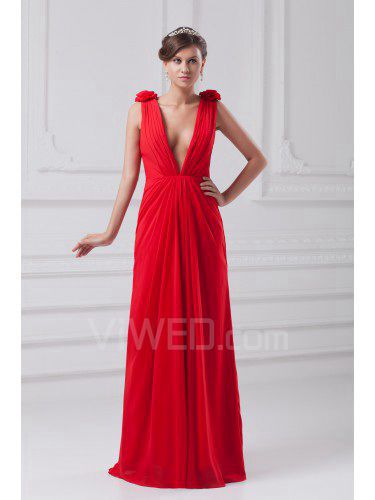 Chiffon V-Neck Floor Length Column Hand-made Flowers Prom Dress