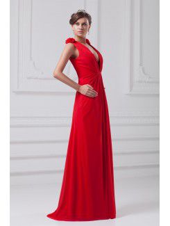 Chiffon V-Neck Floor Length Column Hand-made Flowers Prom Dress