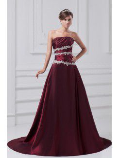 Taffeta Strapless Sweep Train A-line Embroidered Prom Dress