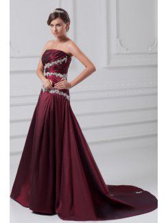 Taffeta Strapless Sweep Train A-line Embroidered Prom Dress