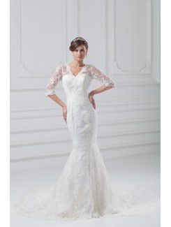 Lace V-Neck Sweep Train Sheath Half-Sleeves Wedding Dress