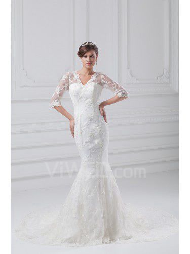 Lace V-Neck Sweep Train Sheath Half-Sleeves Wedding Dress