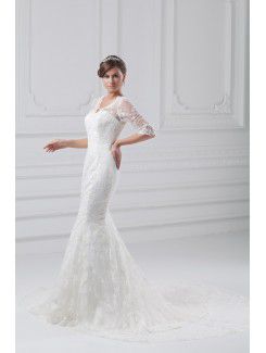 Lace V-Neck Sweep Train Sheath Half-Sleeves Wedding Dress