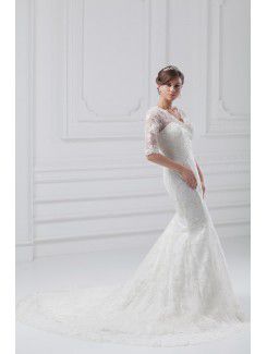 Lace V-Neck Sweep Train Sheath Half-Sleeves Wedding Dress