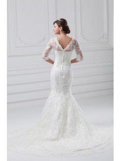 Lace V-Neck Sweep Train Sheath Half-Sleeves Wedding Dress