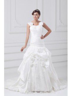 Taffeta Straps Sweep Train Sheath Hand-made Flowers Wedding Dress