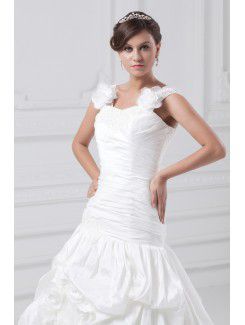 Taffeta Straps Sweep Train Sheath Hand-made Flowers Wedding Dress