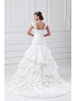 Taffeta Straps Sweep Train Sheath Hand-made Flowers Wedding Dress