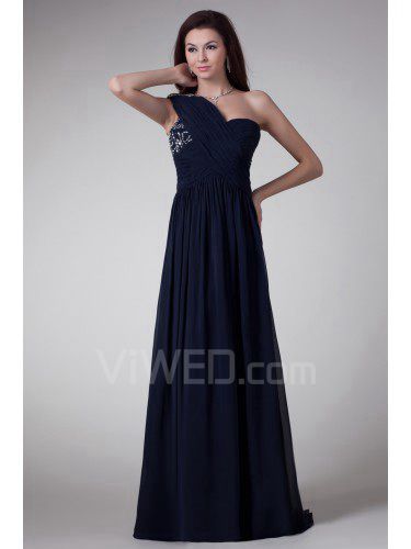 Chiffon one-shoulder gulv lengde kolonne brodert festkjoler