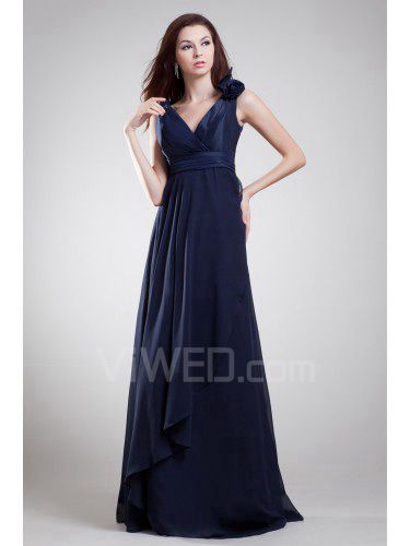 Chiffon V-Neck Floor Length Column Hand-made Flowers Prom Dress